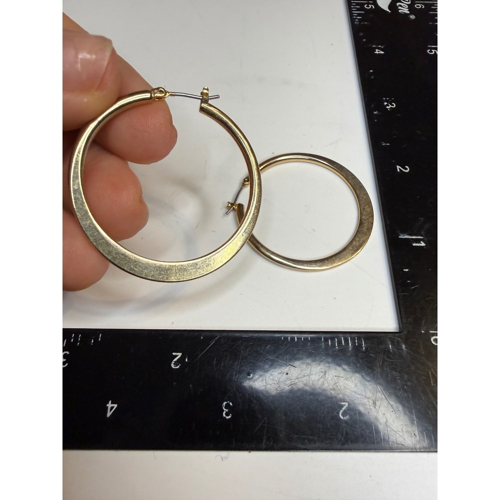 Gold Tone Flat Wide Hoop Earrings 2 Inch Diameter Minimalist Jewelry